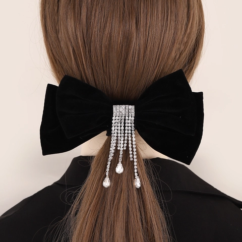 Pinza Para El Pelo Con Lazo De Terciopelo Negro Con Borlas De Pedrería Horquilla Elegante Para Mujeres Niñas