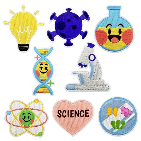 Parches Bordados De Ciencia Para Planchar Coser Para Ropa Bolsas Dibujos Animados Microscopio ADN Átomo Corazón Decoración