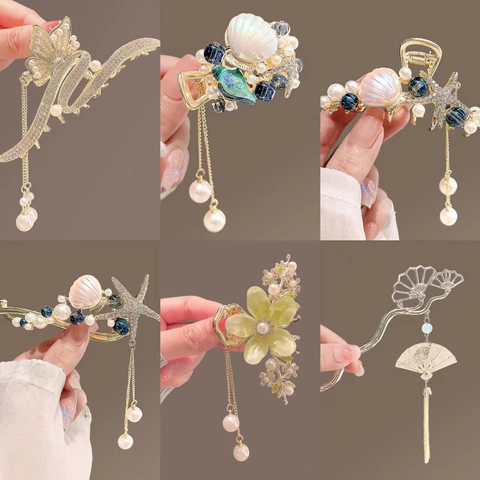 Pinzas Para El Cabello Estilo Chino Vintage Estrella De Mar Concha Flor Horquillas Con Borlas De Perlas Artificiales Aleación Joyería