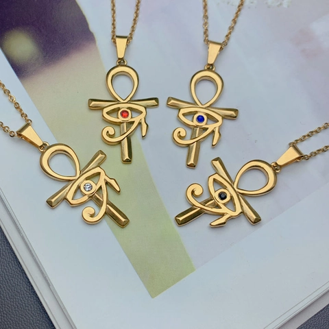 Collana con Pendente a Croce Ankh e Occhio di Horus in Acciaio Inossidabile Zirconia Placcato Oro Catena a O Gioielli Donna