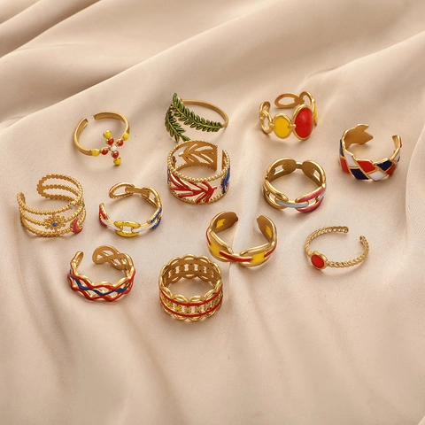 Colorful Enamel Adjustable Open Ring Titanium Steel Hollow Leaf Cross Chain Celestial Fashion Jewelry For Women