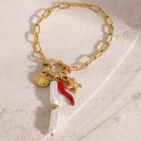 Bracciale In Acciaio Inossidabile Placcato Oro Con Künstliche Perle Barocche Stella Marina Conchiglia E Ciondolo Peperoncino Rosso Gioielli Donna