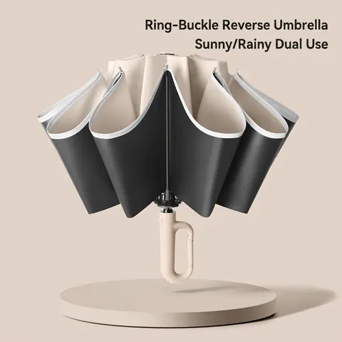 Ombrello Pieghevole Inverso Automatico Protezione UV Antivento Sole Pioggia Parasole Impugnatura Gancio Anello Striscia Riflettente