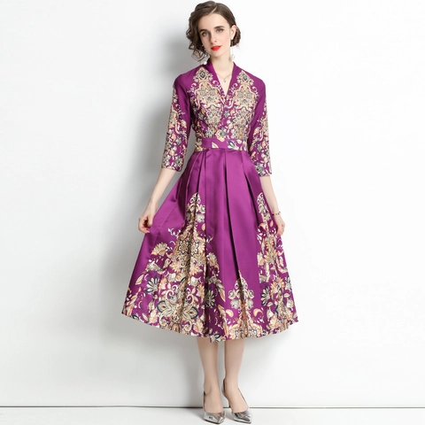 Elegante Paarse Midi Jurk Satijn Look V Hals Retro Paleis Print Tailleband Voor Dames