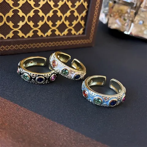 Barock Retro Verstellbarer Offener Ring Kupfer Mit Bunten Zirkonia Und Emaille Für Damen Vintage Zeigefinger Schmuck