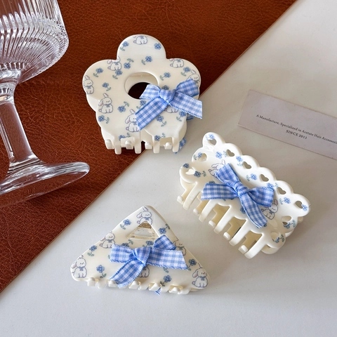 Acrylic Hair Claw Clips Faux Acetate Floral Rabbit Pattern With Fabric Bow Sweet Cute Aesthetic For Women Girls