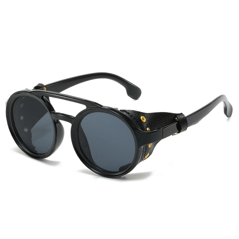Round Steampunk Sunglasses With Leather Side Shields UV Protection Retro Punk Style Eyewear For Men And Women