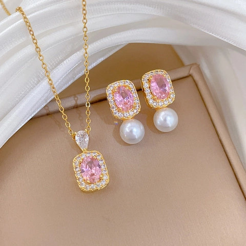 Pink Zircon Pendant Necklace And Artificial Pearl Earrings Jewelry Retro Elegant Gold Plated Stainless Steel Accessories For Women