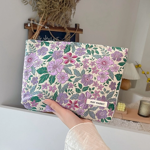 Women Jacquard Kosmetiktasche Große Kapazität Floral Schmetterling Bestickt Stoff Reise Kosmetik Organizer Reißverschluss