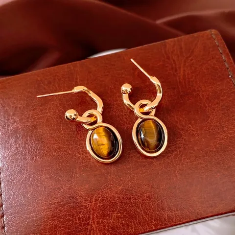 Retro Französisch Luxus Tigerauge Anhänger Ohrringe Mit Silver Earring Post 18k Vergoldet Kupfer Oval Edelstein Schmuck Damen
