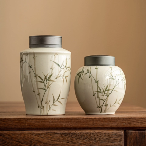 Ceramic Tea Canister Hand Painted Green Bamboo Pattern Airtight Aluminum Alloy Lid Vintage Chinese Style Storage Jar