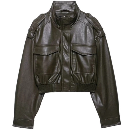 Chaqueta Cuero Sintético Mujer Corta PU Moto Biker Color Oliva Oscuro Bolsillos Grandes Cremallera Manga Larga