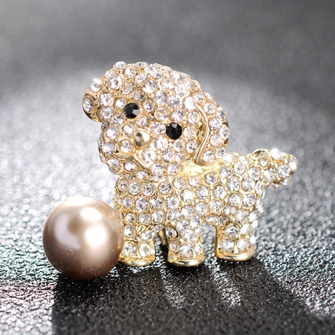 Cute Poodle Dog Brooch Alloy Full Rhinestone With Large Artificial Pearl Elegant Animal Lapel Pin For Women Fashion Jewelry Gift