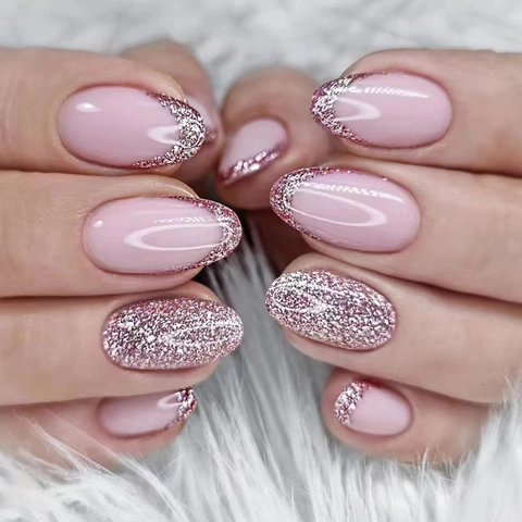 Unghie Finte Press On Francesi Rosa Glitter Oro Rosa Forma Mandorla Manicure Artificiale Per Donne Elegante Dolce Stile Ins