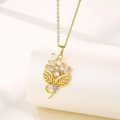 Collar Con Colgante De Flor Y Hoja Acero Inoxidable Chapado En Oro De 18K Circón Cadena De Clavícula Elegante Joyería