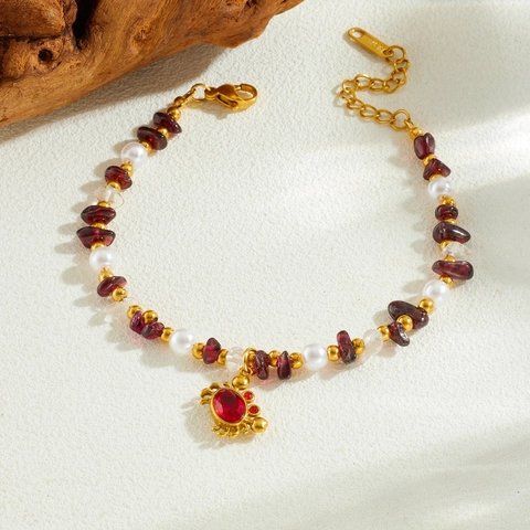 Bracciale Di Künstliche Perle In Acciaio Inossidabile Con Perla Artificial Di Imitazione Pietra Rossa E Ciondolo Granchio Dorato Gioielli Retro Eleganti Da Donna