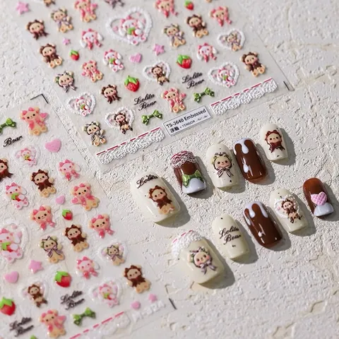 3D Relief Nail Art Stickers Cute Lolita Bear Rabbit Strawberry Hearts Embossed Self Adhesive Nail Decals For Manicure