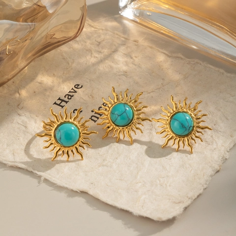 Sunburst Turquoise Stainless Steel Earrings And Adjustable Ring Vintage Bohemian Gold Plated Water Resistant Jewelry