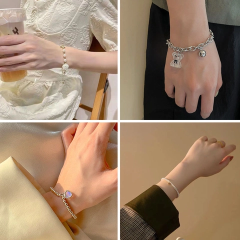 Alloy Faux Artificial Pearl Beaded Charm Bracelets For Women Korean Fashion Elegant Dainty Chain Heart Flower Butterfly Style
