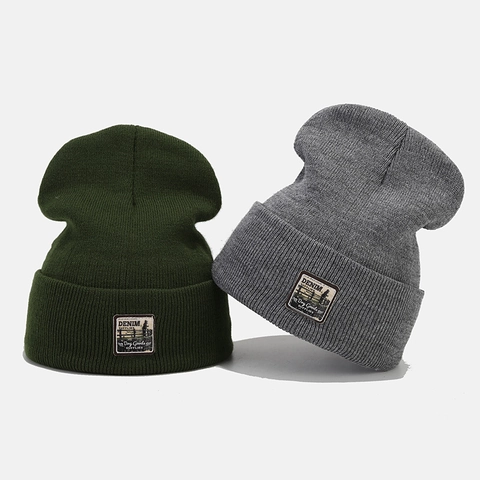 Knit Beanie Hat Acrylic Ribbed Vintage Patch Fold Over Cuff Winter Warm Casual Retro Streetwear For Men Women
