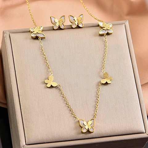 Ensemble de Bijoux Papillon Doux en Acier Inoxydable Or Givré Coquille Papillon Collier Bracelet Boucles d'Oreilles pour Femmes