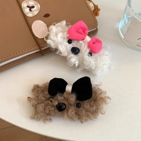 Cute Plush Puppy Dog Hair Clip Faux Lamb Wool Bowknot BB Clip Sweet Hairpin For Women Girls Autumn Winter Accessories