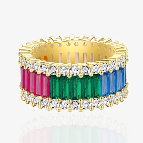 Bague de Rangée Large en Argent Sterling 925 avec Zirconia Coloré Arcobaleno Pavé pour Femmes Bijoux de Mode Or Argent