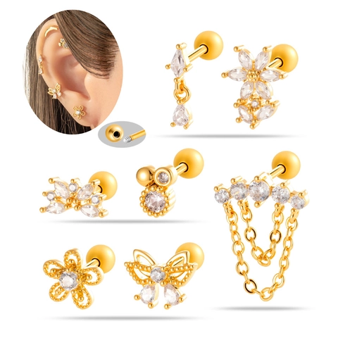 Zircon Butterfly Flower Cartilage Piercing Earrings Titanium Steel Copper Screw Ball Back Helix Stud Jewelry