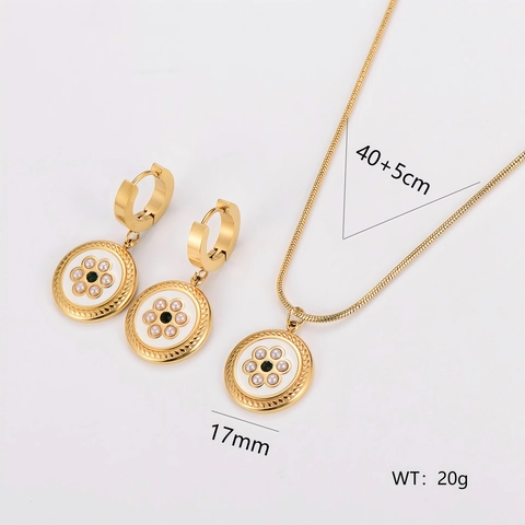 Parure Bijoux Fleur Ronde Vintage Acier Inoxydable Plaqué Or 18K Émail Künstliche Perle Pierre Précieuse Collier Boucles D'oreilles