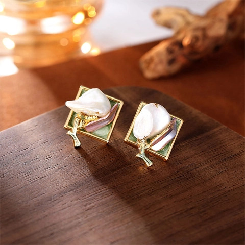 Orecchini a Bottone in Rame Smaltato Vintage Con Perno in Argento Sterling 925 Perla Naturale Quadrata Gioielli Dipinti a Mano Donna