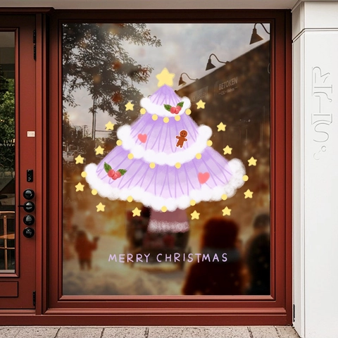 Christmas Window Sticker Purple Cartoon Tree Static Cling PVC UV Printed Double Sided Glass Door Shop Decoration Reusable