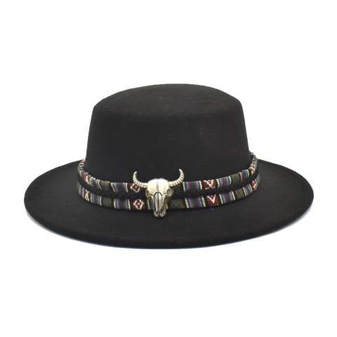 Flat Top Fedora Hat Wool Felt With Ethnic Woven Band And Metal Bull Head Western Cowboy Style Vintage Jazz Hat For Women
