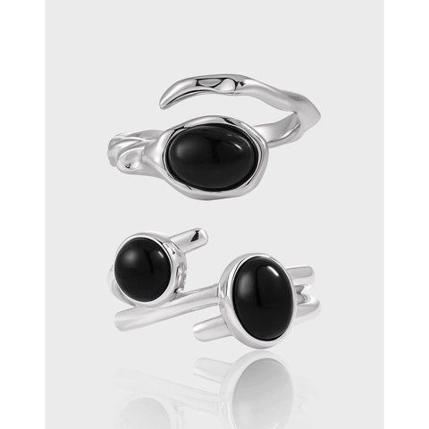 Anello Aperto Croce Irregolare Argento Sterling 925 Agata Nera Intarsiata Regolabile Stile Punk Cool Gioielli Per Donne