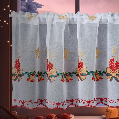 Christmas Coffee Curtain Sheer Polyester Short Kitchen Window Valance Red Gold Embroidery Snowflake Bell Scalloped Edge