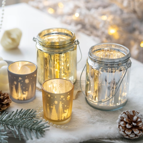 Christmas Glass Candle Holder Reindeer Forest Pattern Desktop Ornament Holiday LED Light Jar Lantern Decor Home Winter