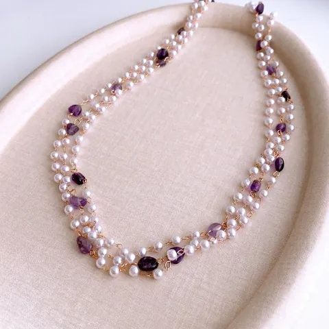 Collana Lunga Di Perline Retro Francese Con Künstliche Perle Bianche E Pietre Di Ametista Viola Elegante Catena Da Maglione Per Donna