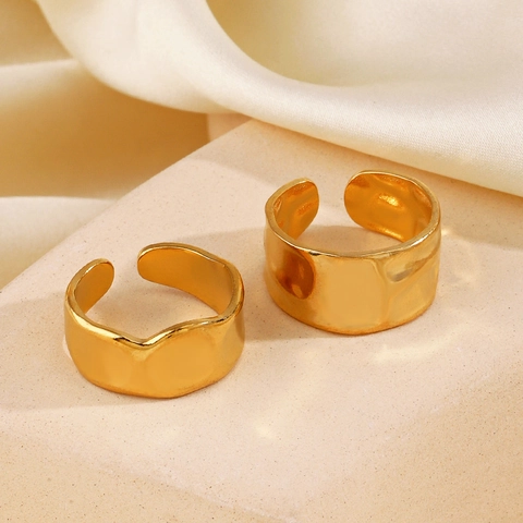 Anello Aperto In Acciaio Inossidabile Placcato Oro Texture Martellata Irregolare Geometrico Largo Regolabile Gioielli Donna