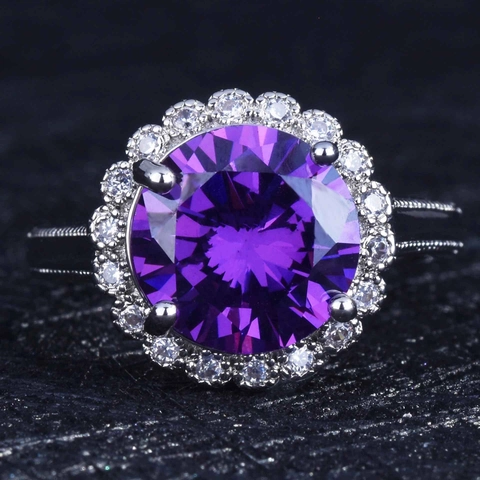 Round Purple Zirconia Ring Copper Milgrain Edge Adjustable Halo Design Elegant Jewelry For Women