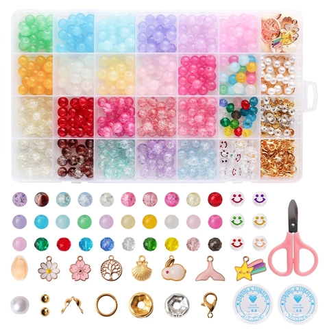 DIY Jewelry Making Kit Glass Crackle Beads Acrylic Letter Beads Alloy Charms Scissors Elastic String For Bracelet Necklace