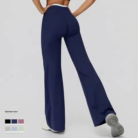 Women High Waist Wide Leg Yoga Pants Color Block Naked Feel Micro Flare Sports Fitness Trousers Nylon Spandex