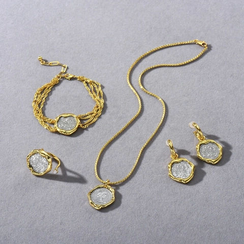 Vintage Coin Pendant Necklace Bracelet Open Ring Earrings 18K Gold Plated Brass Two Tone French Retro Elegant Jewelry
