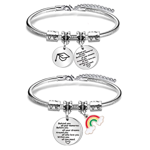 Pulsera De Amuletos De Graduación Inspiradora Acero Inoxidable Cadena De Serpiente Ajustable Cita Grabada Regalo Para Amigos