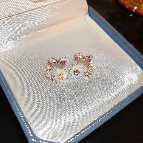 Orecchini A Lobo Fiore Fiocco Con Strass Cristallo Cuore Viola Perla Artificial Finta Conchiglia E Perno In Argento Dolce Elegante