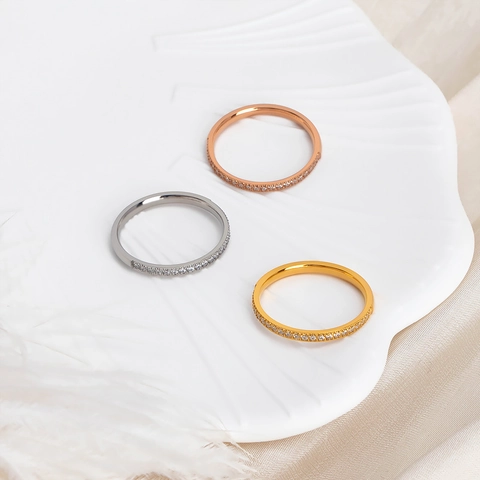 Minimalist Pavé Zircon Ring Stainless Steel Dainty Half Eternity Band For Women Non Tarnish Luxury Jewelry