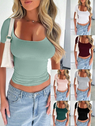 Damen Slim Fit Crop Top T-Shirt Eckiger Ausschnitt Kurzarm Einfarbig Lässig Sexy Sommer Polyester Elasthan