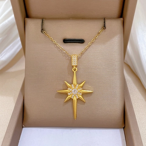 North Star Pendant Necklace Titanium Steel Chain Copper Micro Pave Zircon Octagram Starburst Elegant Jewelry For Women