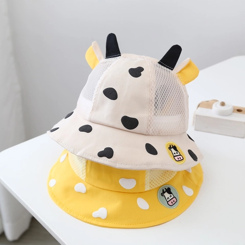 Chapeau De Soleil Bob Pour Enfants Bébé Maille Respirante Coton Dessin Animé Vache Ours Oreilles 3D Réglable Casquette