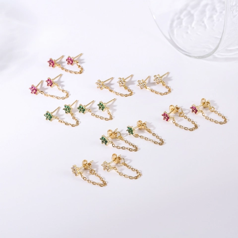 Micro Paved Zircon Flower Chain Stud Earrings Copper Gold Plated Double Piercing Back Hanging Elegant For Women