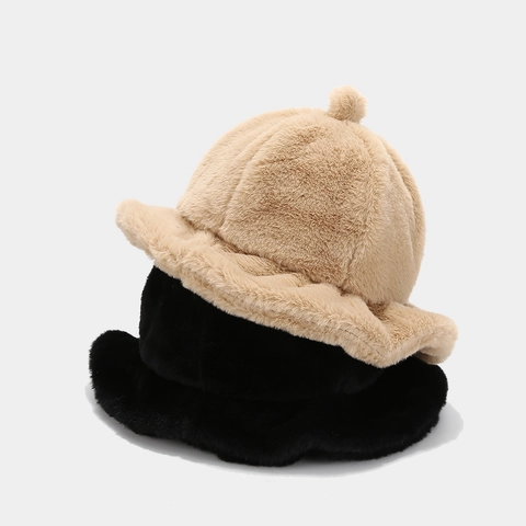 Women Faux Fur Bucket Hat Thick Warm Winter Plush Fisherman Hat Solid Color Cute Nipple Top Round Design