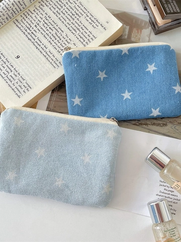 Star Print Denim Coin Purse Small Makeup Bag Travel Portable Zipper Wallet For Keys Lipstick Durable Canvas Storage Pouch